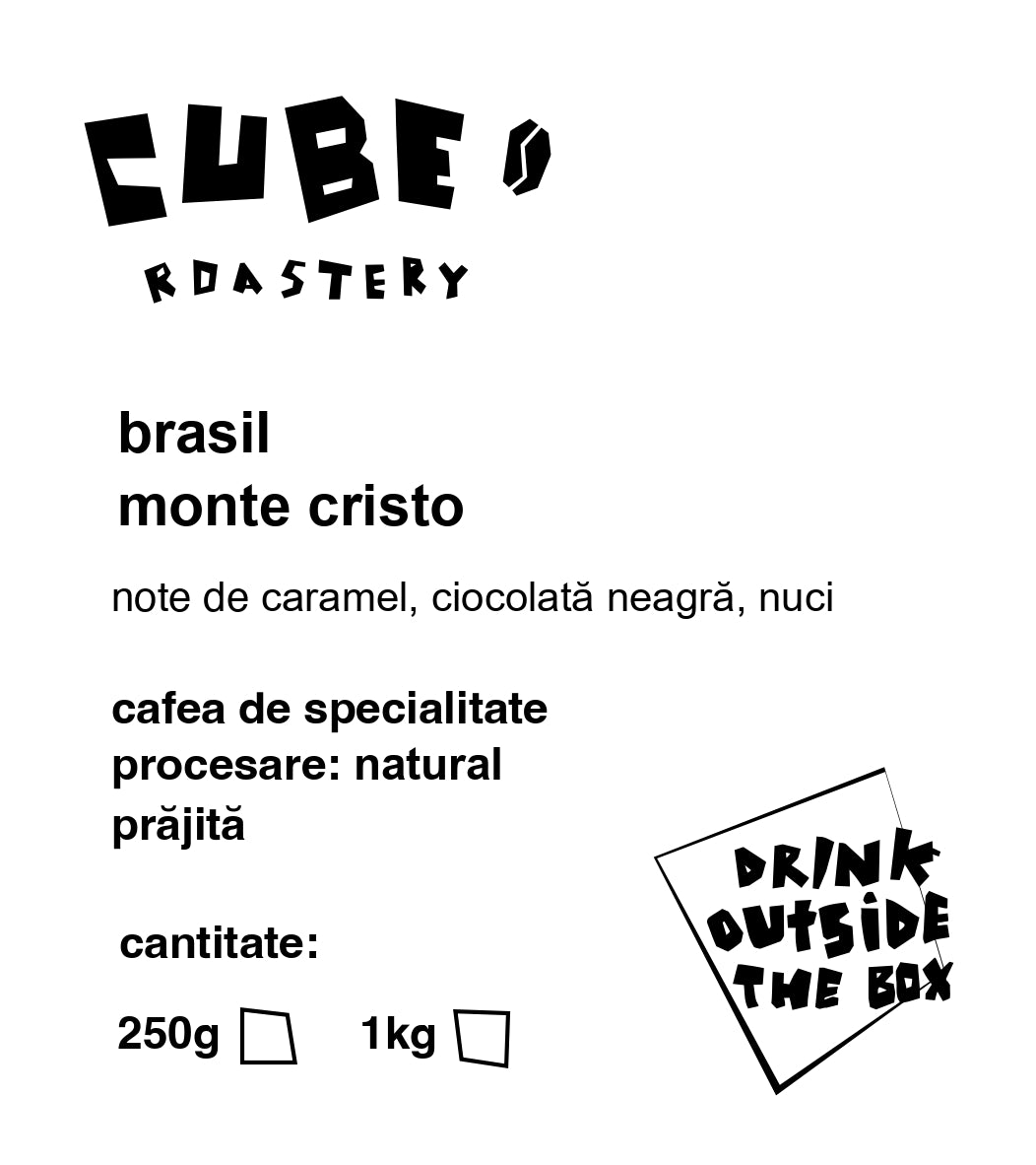 Label of Brasil Monte Cristo coffee with brand, origin, flavor notes, and roast information