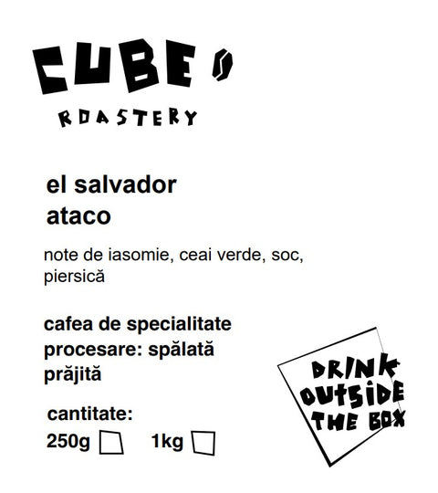 Label of El Salvador Ataco coffee with brand, origin, flavor notes, and roast information