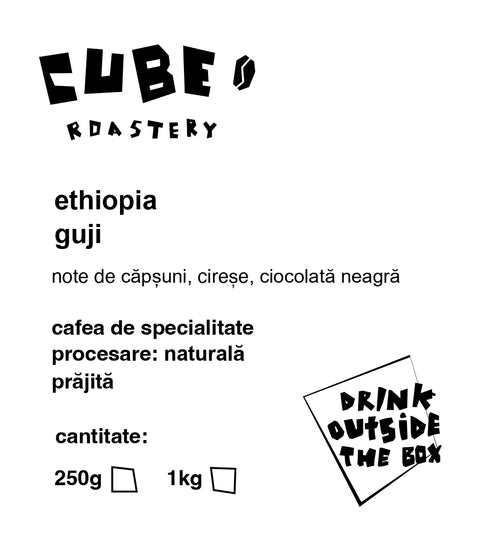 Label of Ethiopia Guji coffee with brand, origin, flavor notes, and roast information