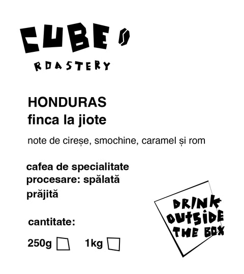 Label of Honduras Finca La Jiote coffee with brand, origin, flavor notes, and roast information