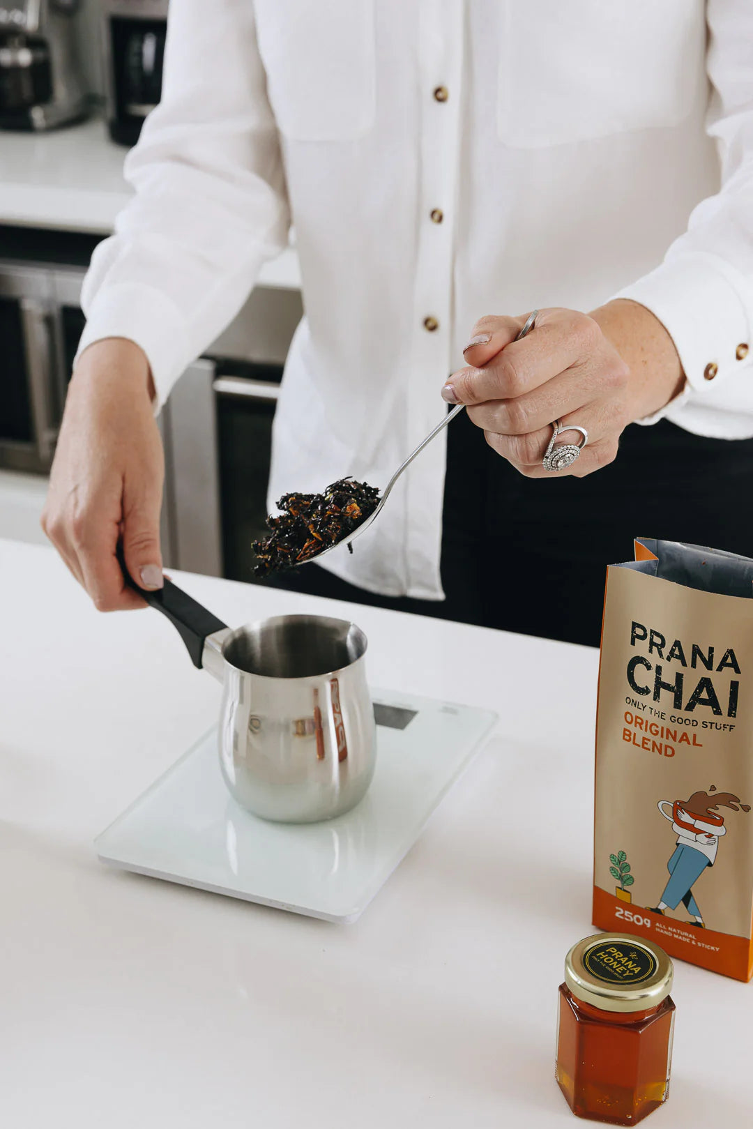 Prana Chai being weighted
