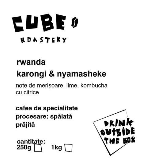 Label of Rwanda Narongi & Nyamasheke coffee with brand, origin, flavor notes, and roast information